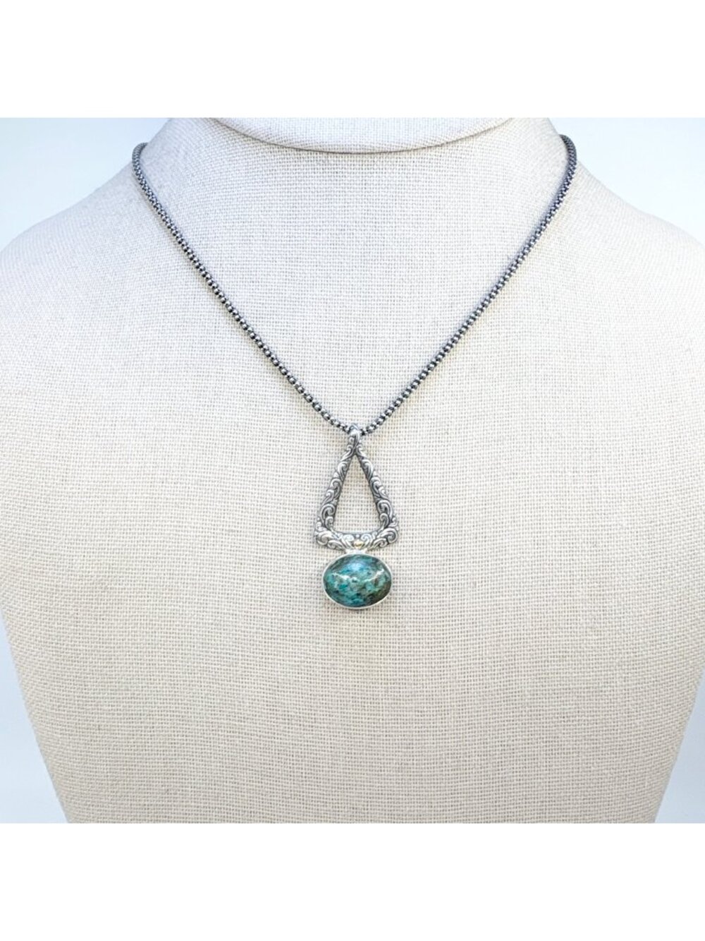 Chrysocolla Bezel Set Pendant Necklace Sterling Silver 925 & 18k Gold 18" Length